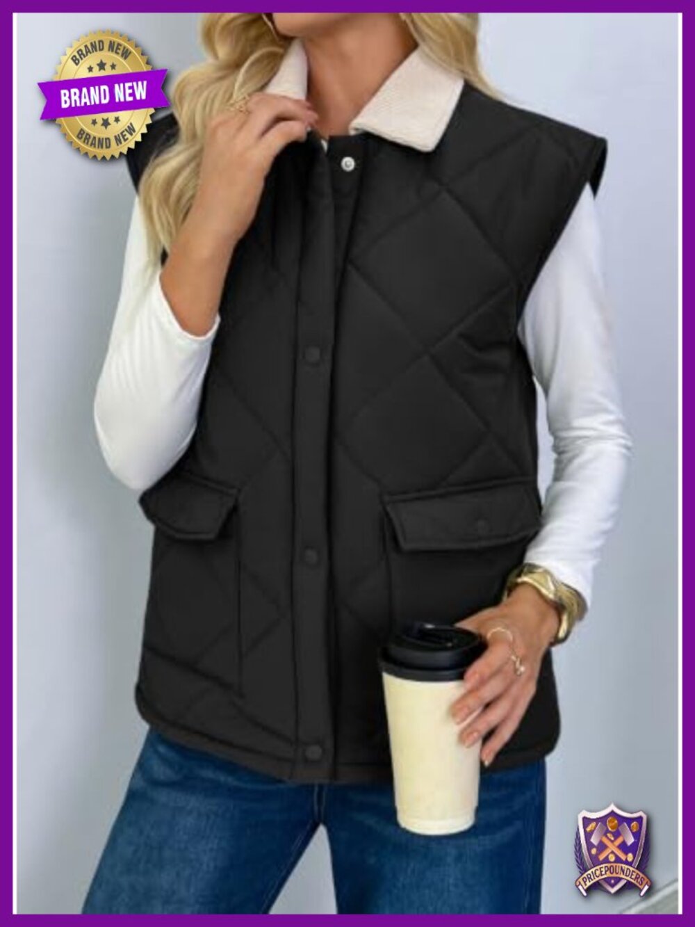 Women's Quilted Puffer Vest Button Down Sleeveless with Pockets - Picture 3 of 6